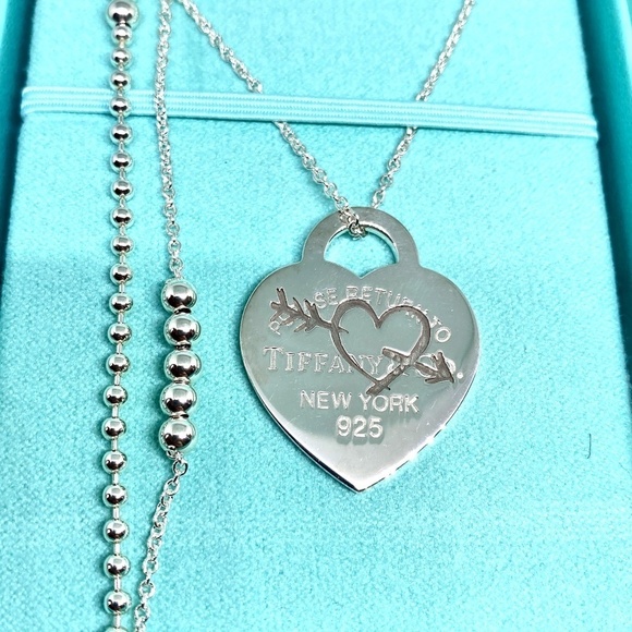 NEW Tiffany & Co. Etched RTT Heart Pendant Necklace 28-30” mixed chain 925 - Picture 1 of 10